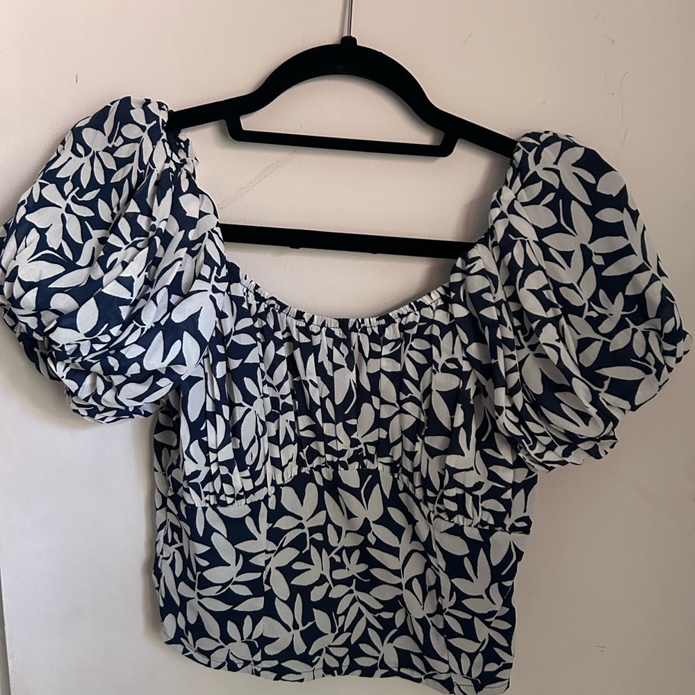 Abercrombie & Fitch Navy and White Puff-Sleeve Square Neck Crop Top
